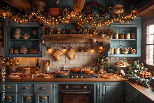 Festive Holiday Kitchen With Cookies Baking