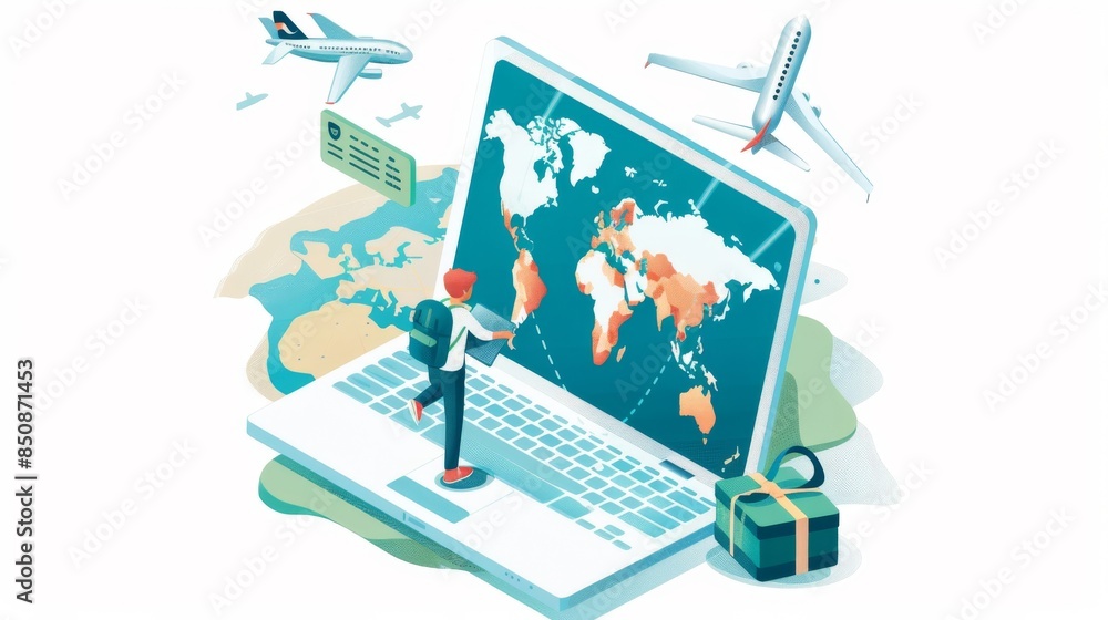A man is standing in front of a laptop with a map of the world on the screen A man is standing in front of a laptop with a map of the world on the screen