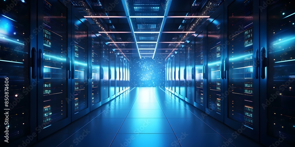 Obraz premium Bright Lights of Data Storage Systems Shine in Dark Server Room. Concept Data Storage Solutions, Server Room Lighting, Technology Innovations, Network Infrastructure, Data Security