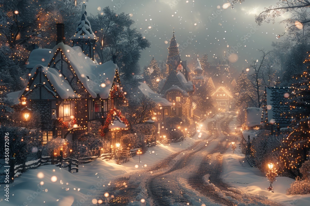 Snowy Village Street Decorated for Christmas Snowy Village Street Decorated for Christmas
