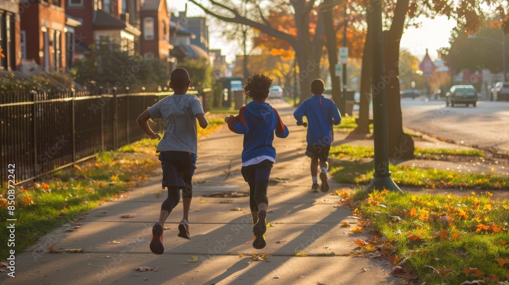 Three young boys are running down a sidewalk Three young boys are running down a sidewalk