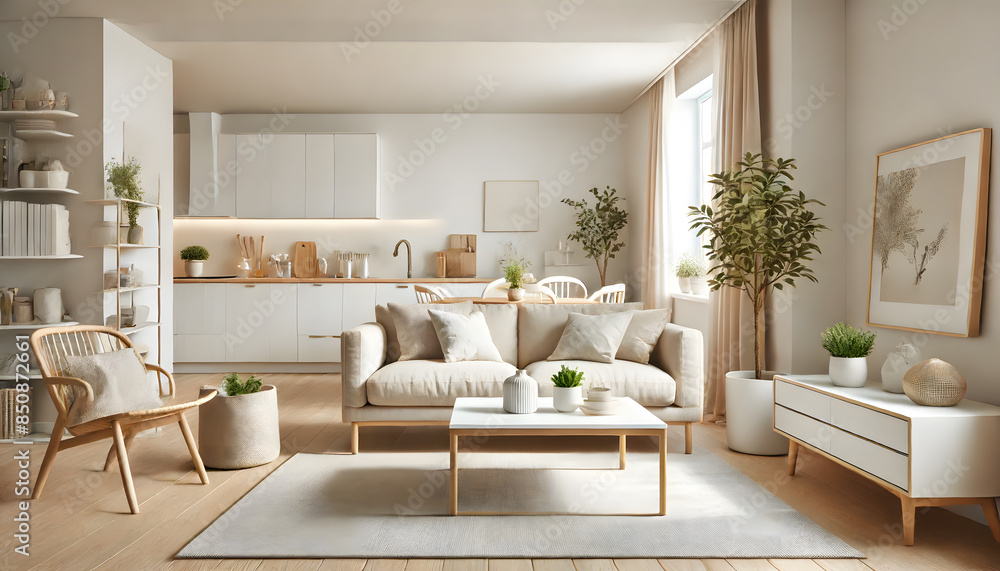 Bright Minimalist Living Room with Open Kitchen Bright Minimalist Living Room with Open Kitchen