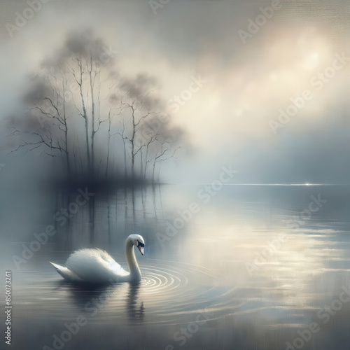Fototapeta Naklejka Na Ścianę i Meble -  A solitary swan glides gracefully over calm lake waters creating gentle ripples
