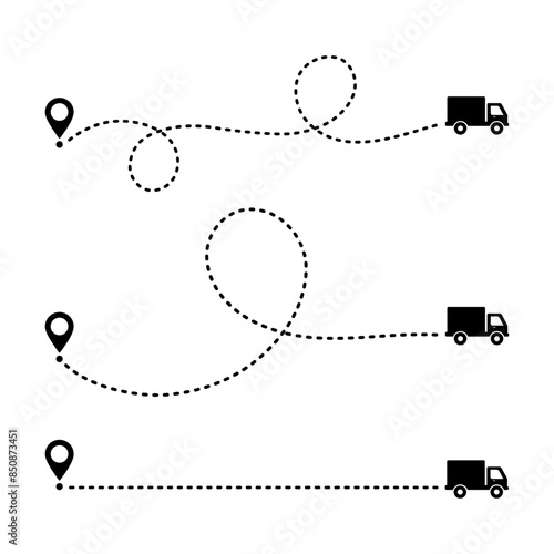 Multiple truck trakes with dotted lines. Pin map location of truck delivery on route icon design element vector illustration