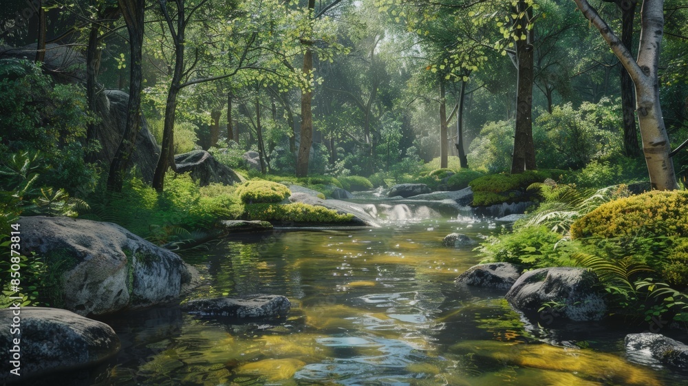 A Serene Stream Weaves Through Lush Greenery. Gentle Ripples Reflect the Forest's Beauty. A Serene Stream Weaves Through Lush Greenery. Gentle Ripples Reflect the Forest's Beauty.