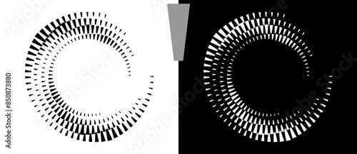 Spiral dotted background with quadrangles. Design element or icon. Black shape on a white background and the same white shape on the black side.