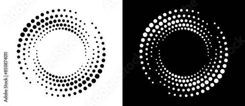 Circle abstract background with dynamic halftone dots in spiral. Yin and yang style. Black shape on a white background and the same white shape on the black side.