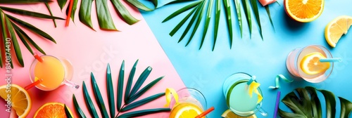 A close-up image of refreshing cocktails garnished with citrus fruits, surrounded by vibrant green palm leaves on a split blue and pink background photo
