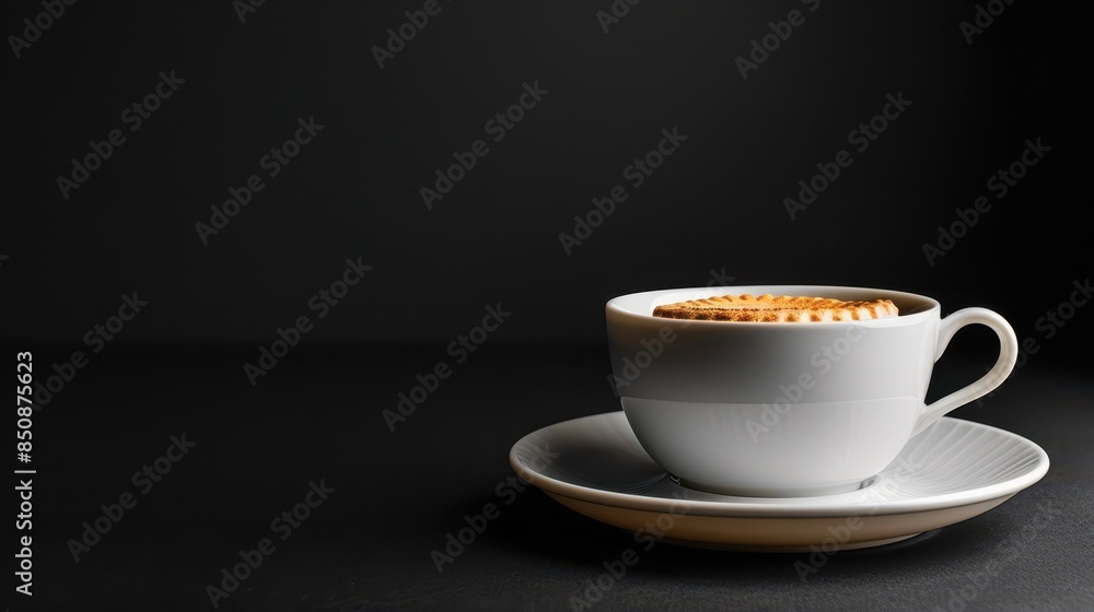 A white coffee cup with a biscuit on top, set against a minimalist dark background, evoking simplicity and elegance. A white coffee cup with a biscuit on top, set against a minimalist dark background, evoking simplicity and elegance.