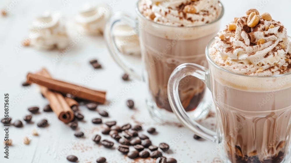 Two mugs of hot chocolate topped with whipped cream and cinnamon sticks, accompanied by coffee beans on a light background. Cozy and indulgent. Two mugs of hot chocolate topped with whipped cream and cinnamon sticks, accompanied by coffee beans on a light background. Cozy and indulgent.