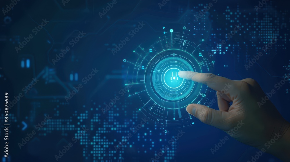 Fototapeta premium Hand interacting with a futuristic digital interface on a dark blue background. Concept of technology and innovation.