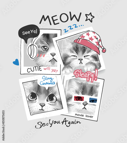 meow slogan with cute cartoon kittens in picture frame hand drawn vector illustration