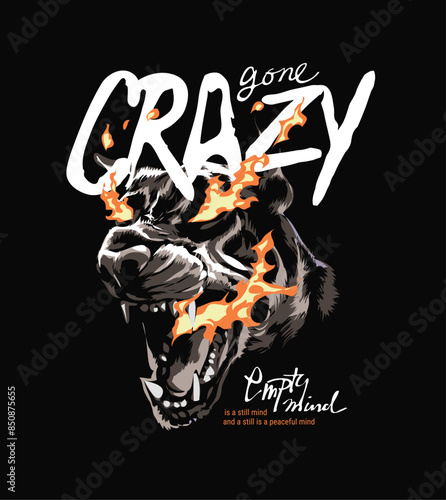 gone crazy calligraphy slogan with black and white fire dog graphic hand drawn vector illustration on black background
