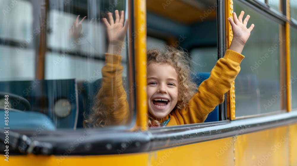 Obraz premium A young girl with curly hair enthusiastically waving from a school bus window, showcasing the joy and anticipation of a school journey. The bright, happy scene highlights a lively school day.