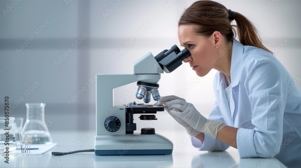 A female scientist wearing gloves and a lab coat intensely examining samples through a microscope in a sterile laboratory, representing dedication to scientific research and discovery. A female scientist wearing gloves and a lab coat intensely examining samples through a microscope in a sterile laboratory, representing dedication to scientific research and discovery.