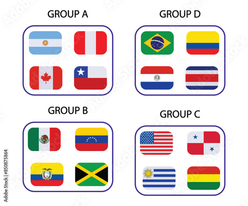 Football America 2024  groups. Championship 2024. National football teams with flag icons..
