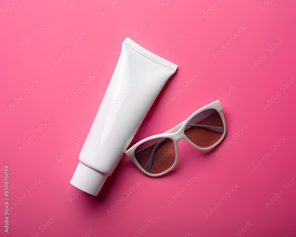 Sunglasses and sunblock tube isolated on a pink background Sunglasses and sunblock tube isolated on a pink background