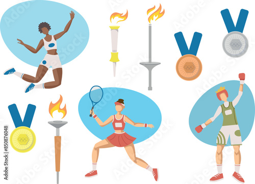 Olympic Games concept. Vibrant collection of athletes competing in various sports, embodying the spirit of international competition. Dynamic poses and national pride.