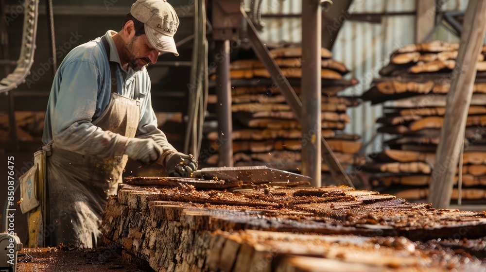 Skilled Worker Processing Wood in Factory Skilled Worker Processing Wood in Factory