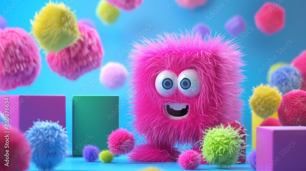 Cute crazy pink furry happy cube monster with big eyes on colorful background, style 3D Cute crazy pink furry happy cube monster with big eyes on colorful background, style 3D