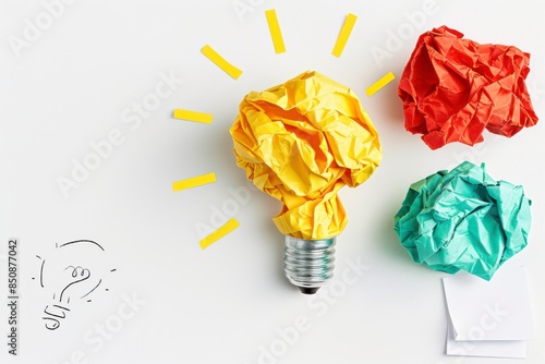 Creative idea concept with colorful crumpled paper representing a light bulb on a white background, symbolizing innovation and brainstorming.