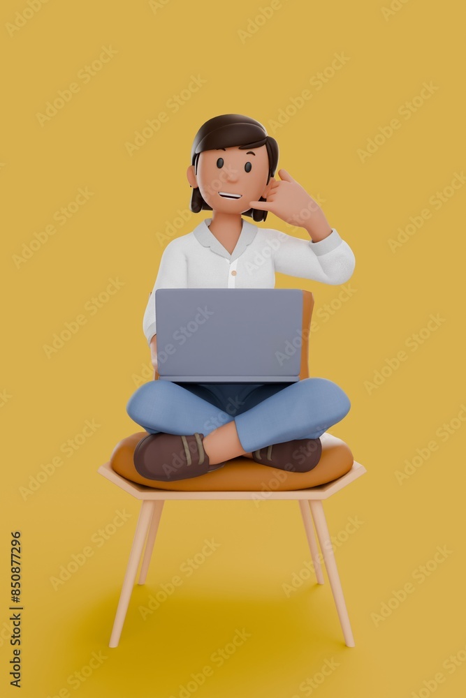 3D illustration of woman working on laptop and give call me gestures 3D illustration of woman working on laptop and give call me gestures