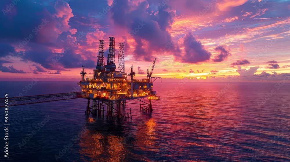 Oil rig platform at sunset with dramatic clouds. Oil rig platform at sunset with dramatic clouds.