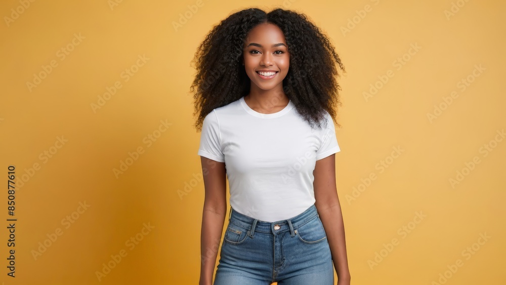 Young black woman wearing white t-shirt and blue jeans isolated on yellow background Young black woman wearing white t-shirt and blue jeans isolated on yellow background