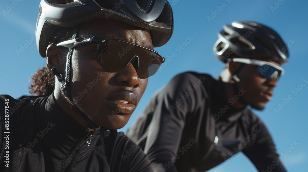Cyclists with helmets riding together Cyclists with helmets riding together