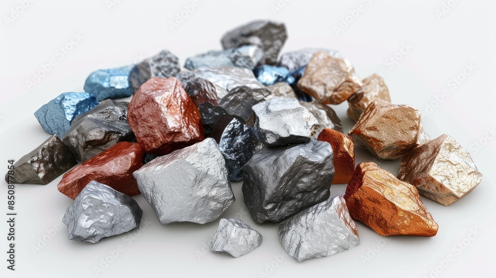 Varied Metallic Ore Rocks on White Background Varied Metallic Ore Rocks on White Background