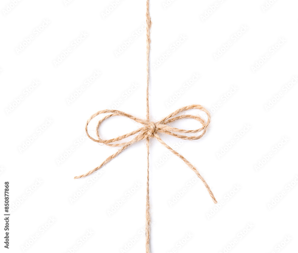 Linen rope string with bow isolated on white, top view Linen rope string with bow isolated on white, top view