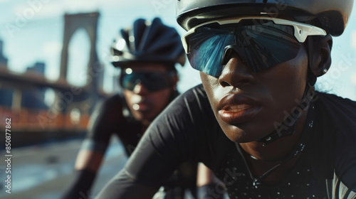 Cyclists with scenic bridge backdrop