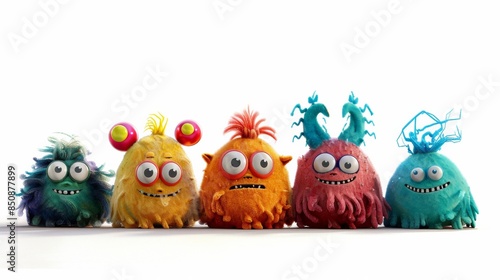 Cute clay motion weird colorful monsters isolated on white background, 3d, cartoon 