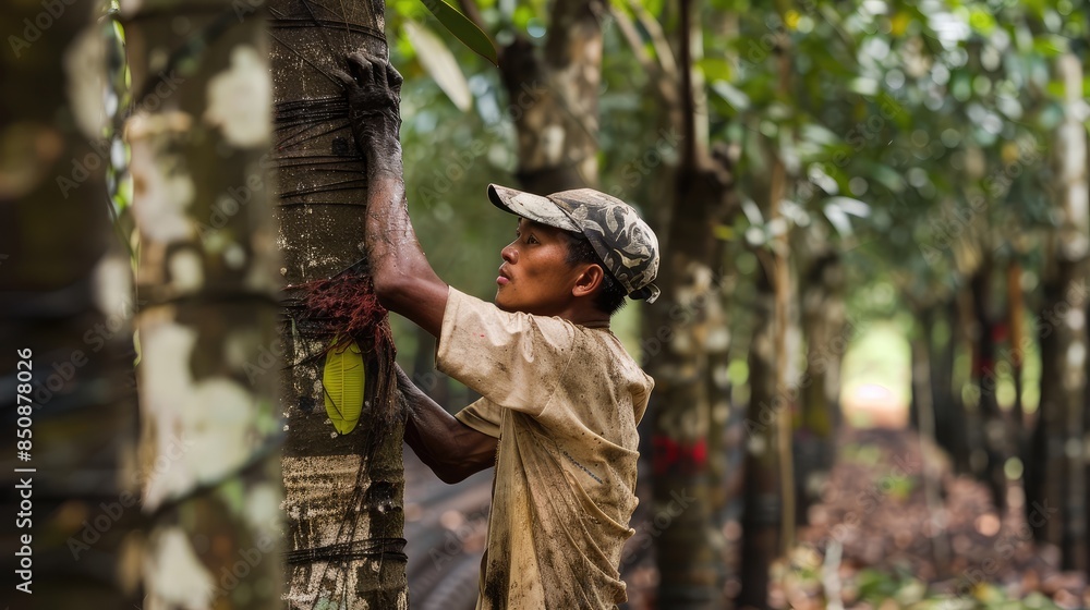 Fototapeta premium Rubber Tree Worker in Tropical Forest