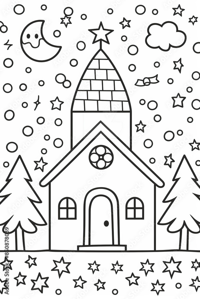 Fototapeta premium Village Palace-House coloring page, comic style, black and white, bold lines, white background