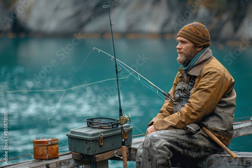 Angler Fishing on a Rainy Fall Day at a Lake