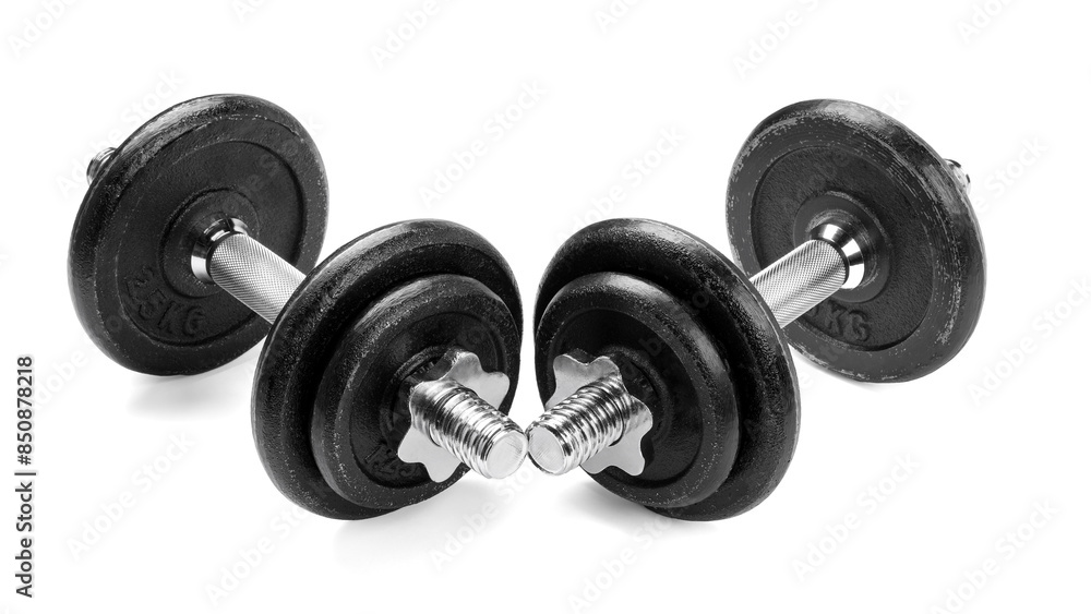 Metal dumbbells isolated on white. Sports equipment Metal dumbbells isolated on white. Sports equipment