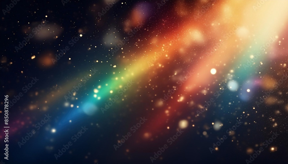 Fototapeta premium Blur colorful warm rainbow light leaks on black background with dust texture. Defocused abstract, AI