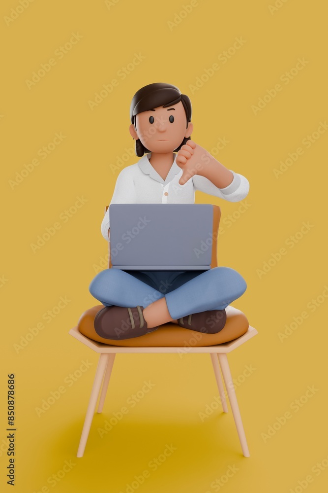 3D illustration of woman working on laptop while give dislike gesture with left hand 3D illustration of woman working on laptop while give dislike gesture with left hand