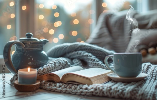 Cozy Autumn Evening With Tea, Candlelight, and an Open Book