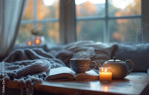 Cozy Autumn Evening With Tea, Candlelight, and an Open Book