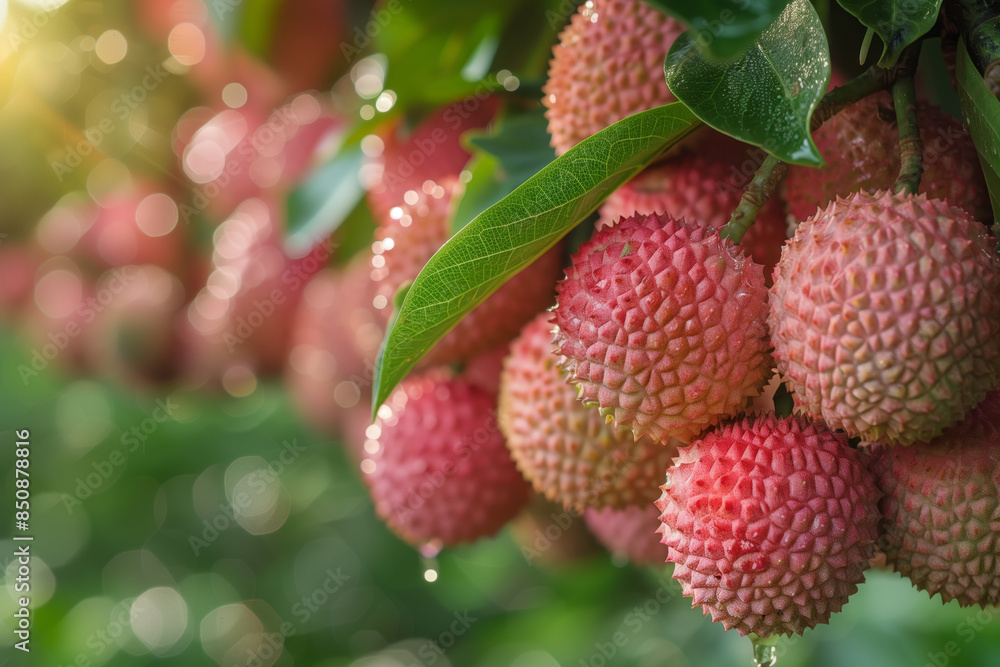 Close-up of ripe lychee fruits hanging from a tree, showcasing their textured pink skins and vibrant green leaves. Close-up of ripe lychee fruits hanging from a tree, showcasing their textured pink skins and vibrant green leaves.