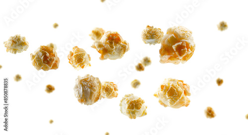 Popcorn with caramel flies and levitates in space. Volumetric light from behind. Isolated on white