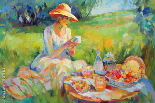 Wallpaper Mural a painting of a picnic table with fruit and wine Torontodigital.ca