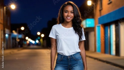 Young black woman wearing white t-shirt and blue jeans standing in a city alley at night © QuoDesign