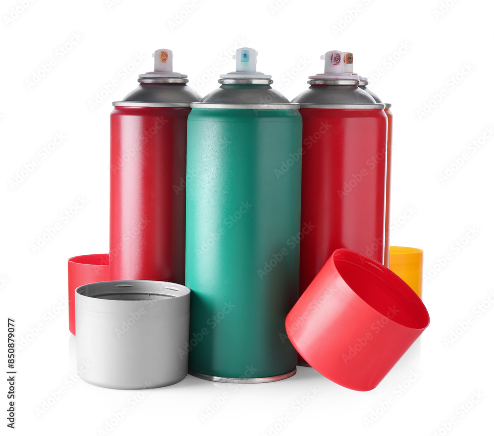 Many spray paint cans isolated on white Many spray paint cans isolated on white