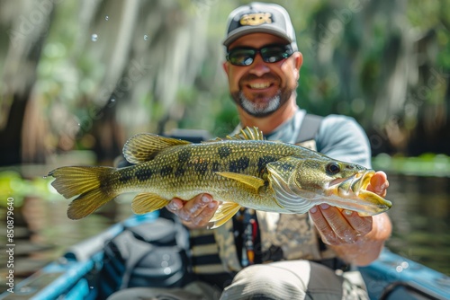 Senior Fisherman Holding Largemouth Bass on Boat in River