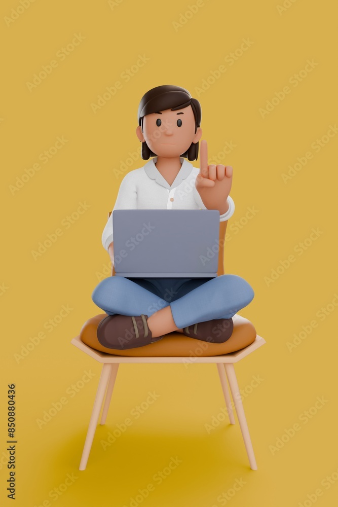 3D illustration of woman working on laptop while commemorate something 3D illustration of woman working on laptop while commemorate something