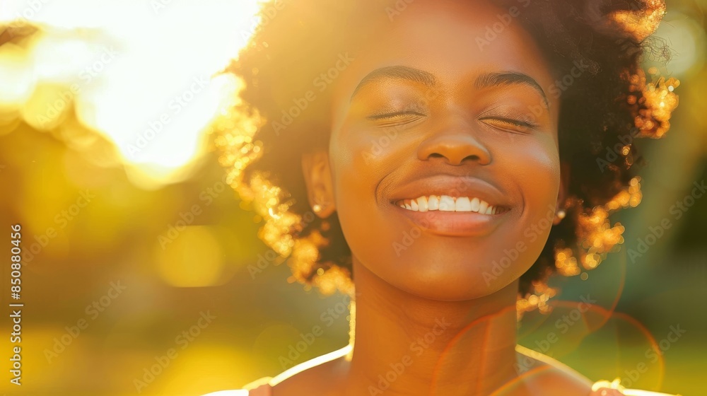Fototapeta premium A woman with a big smile on her face is standing in the sun