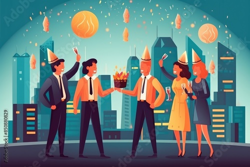 Corporate Celebration with Urban Skyline Background